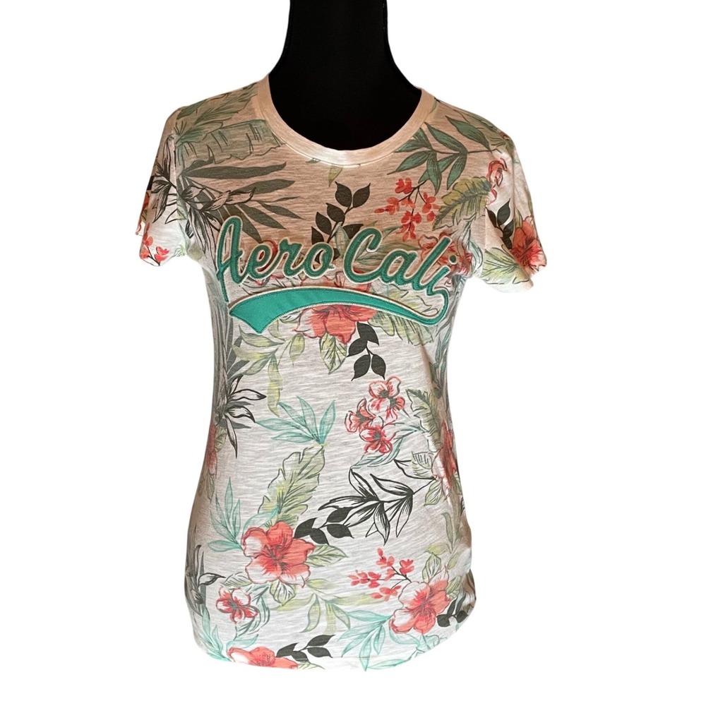 Aeropostale Womens Aero Cali Tropical Floral Embroidered Crew Neck T-Shirt M